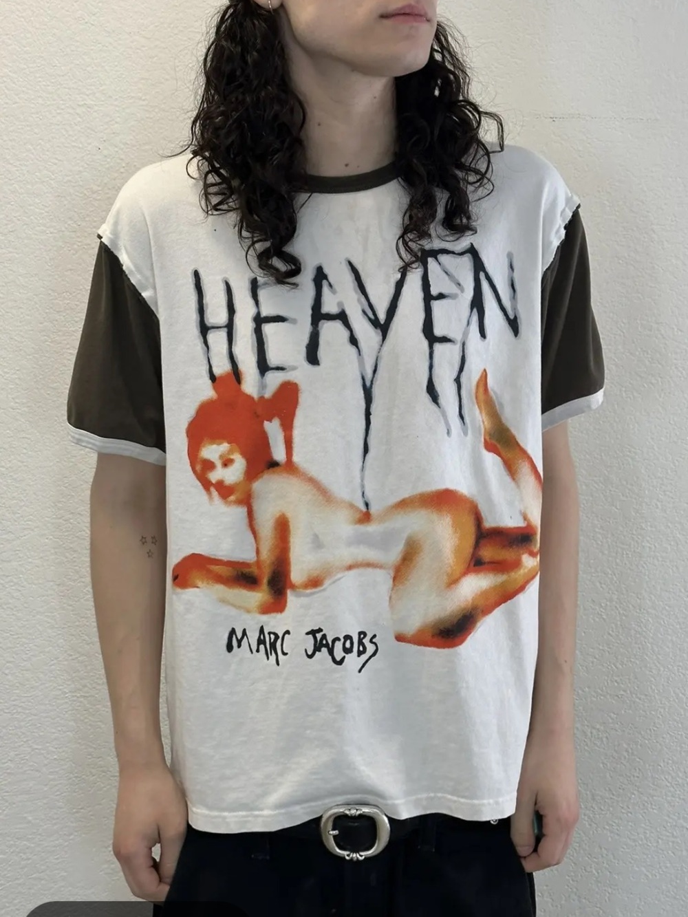 Cream & Brown Color Block Ringer Tee with Heaven Logo Pin Up Design.